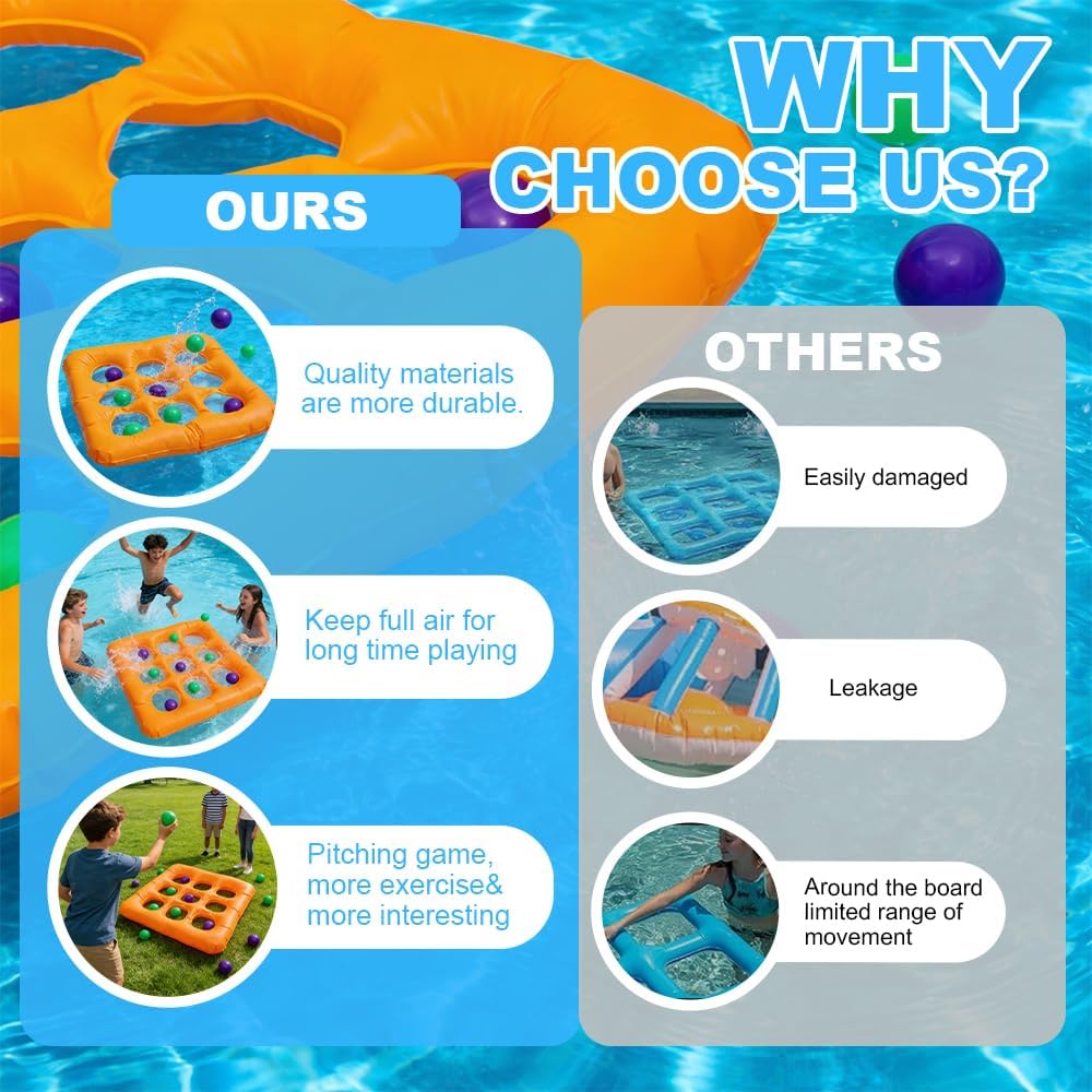 Pool Toys, Pool Tic Tac Toe Game with 10 Balls Outdoor Summer Swimming Pool Party, Beach Toys, Reusable Water Balloons Tic Tac Toe Game, for Teens Adults 2-10 Players