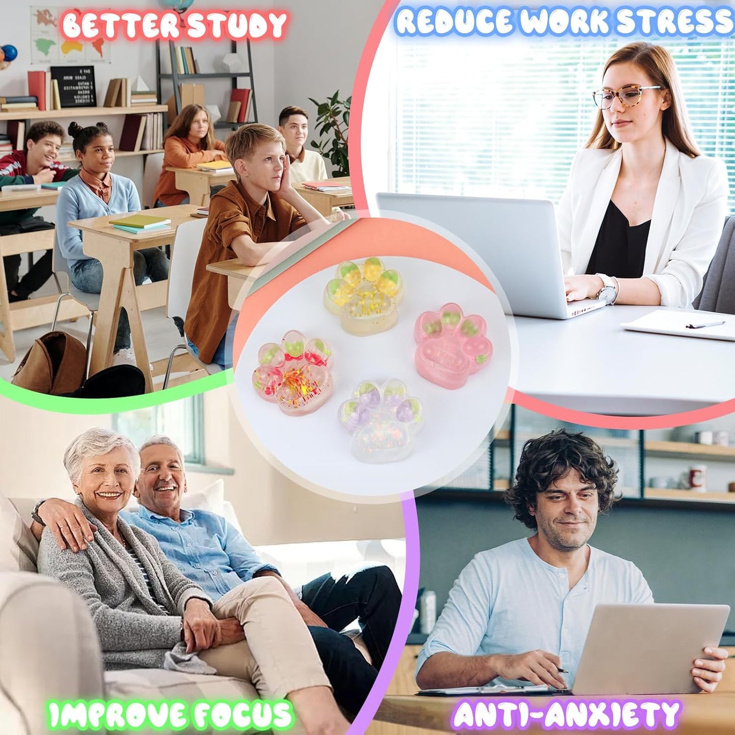 4 Packs Cat Paw Taba Squishy Fidget Toys, Cute Kawaii Mochi Squishy, Sticky Fruit Cat Paw Squeeze Toys for Stress Relieving