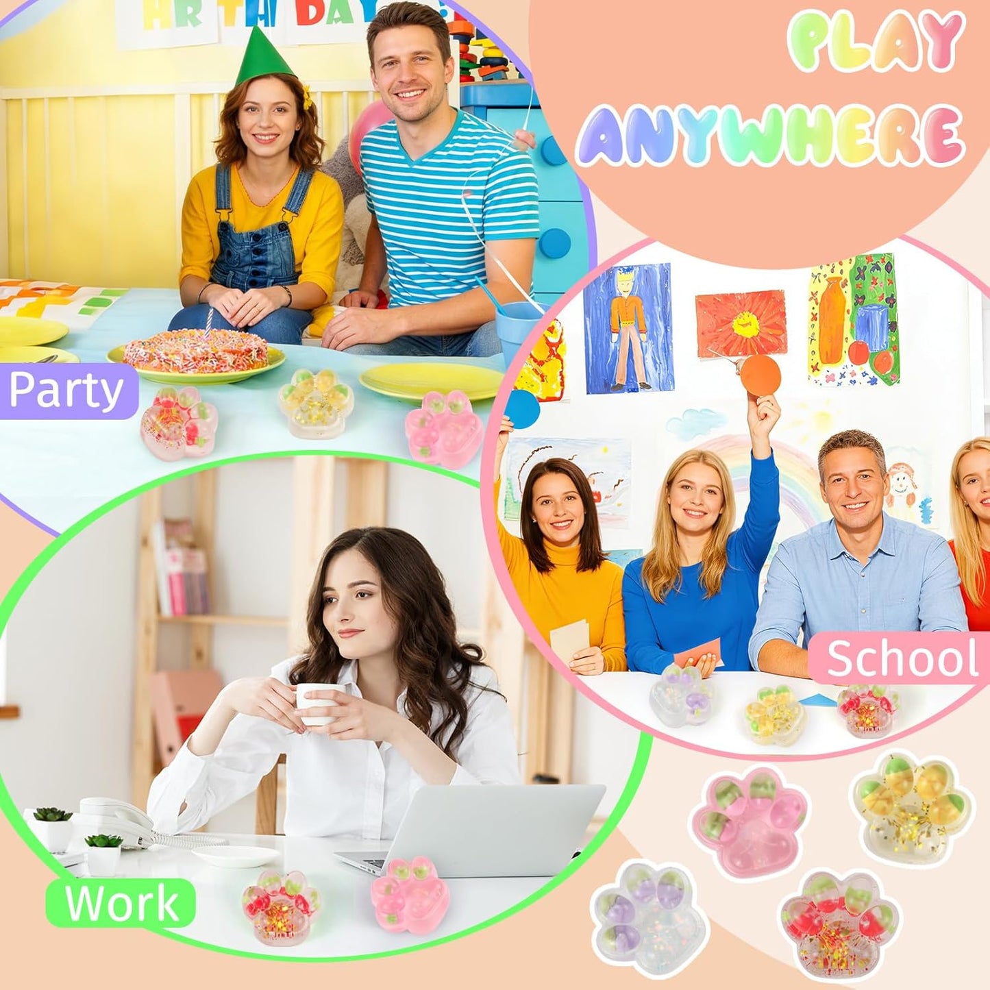 4 Packs Cat Paw Taba Squishy Fidget Toys, Cute Kawaii Mochi Squishy, Sticky Fruit Cat Paw Squeeze Toys for Stress Relieving